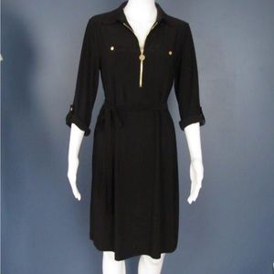 Anne Klein Midi Dress tie waist Solid Black with Gold accents